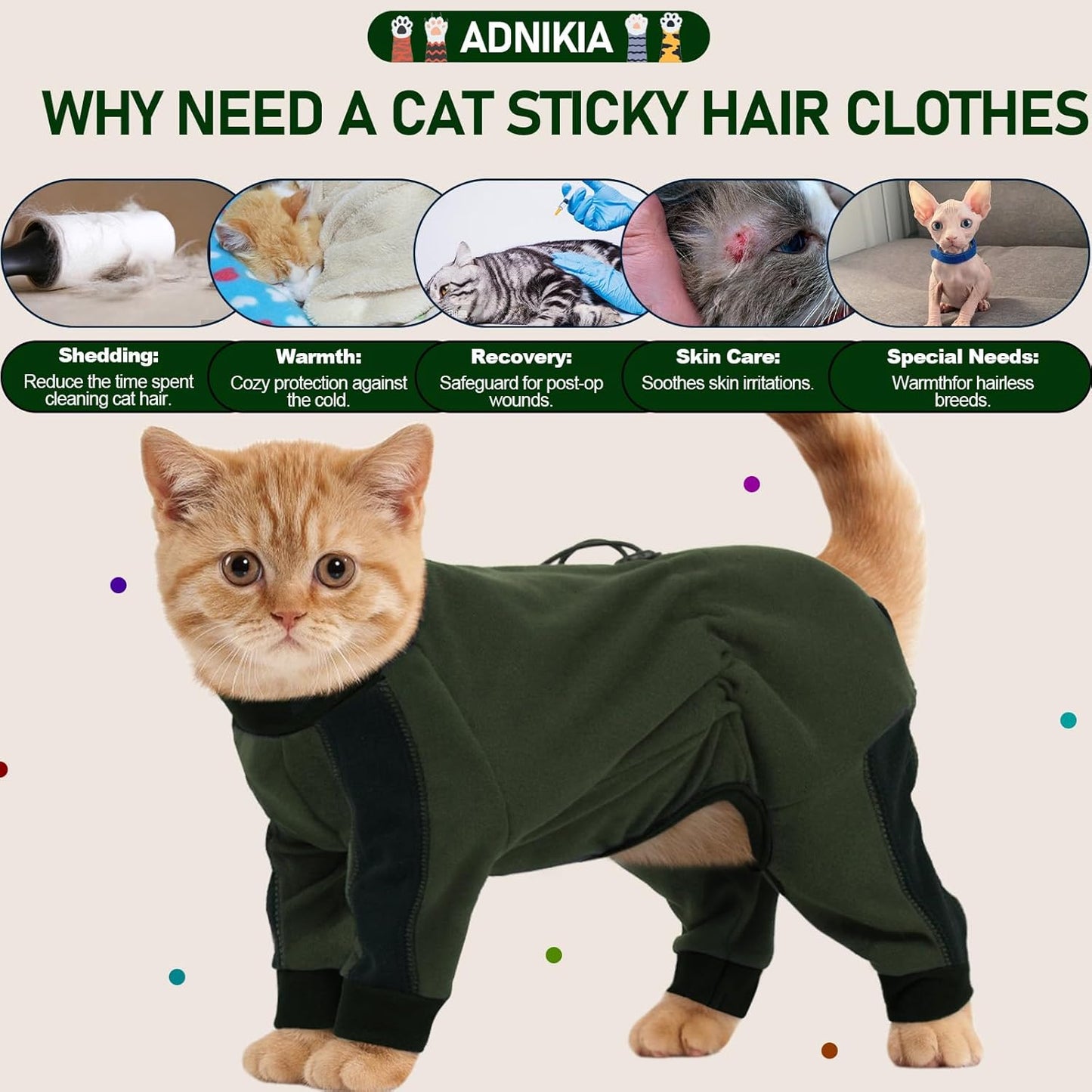 Cat Pajamas for Cats Only, Sticky Hair Cat Clothes, Long Sleeve Sphynx Clothes, Anti-Licking or Skin Disease Recovery Suit for Female Cats, Kitten Onesie Pajamas, ArmyGreen, XL