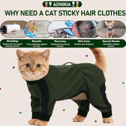 Cat Pajamas for Cats Only, Sticky Hair Cat Clothes, Long Sleeve Sphynx Clothes, Anti-Licking or Skin Disease Recovery Suit for Female Cats, Kitten Onesie Pajamas, ArmyGreen, M