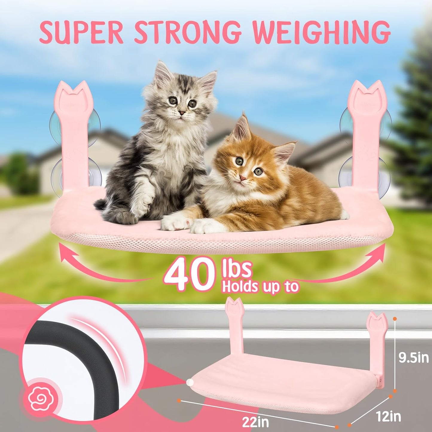 Cat Window Hammock 2-Pack,Foldable Cat Perch with Suction Cups & Metal Frame,Holds up to 40 lbs - Durable & Secure for Cats,Features 2-Sided Cushion & Easy Storage for Sunny Lounging(Pink)