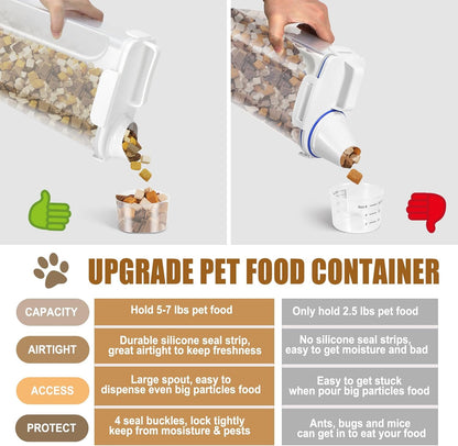 Airtight Cat Dog Food Storage Container 5-7lbs, 5 Liters Pet Dry Food Container with Large Pouring Spout, Cup and Seal Buckles, Travel Food Dispenser for Small Animals, Bird Seed, Puppy, etc.