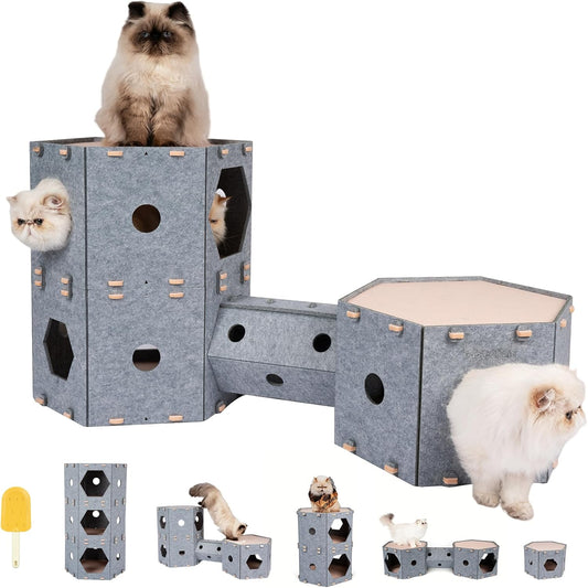 Large Cat House for Indoor Cats&Small Dogs, w/Hair Brush, DIY Expandable Felt Pet Tunnel Castle, Modular Multi Layer Kitten Nest, Peekaboo Kitty Cave, 3 Perch Puppy Bed Furniture, 3 Tier XL Platform