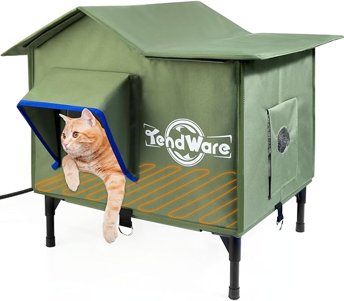 Heated Cat House for Outside Outdoor Cat House with Elevated Base Cat-Attracting Eave Design Feral Stray Shelter Weatherproof in Winter Garage Yard Porch Size M