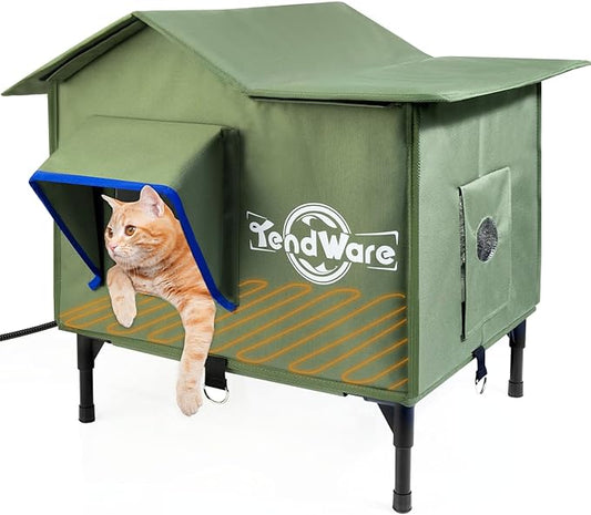 Heated Cat House for Outside Outdoor Cat House with Elevated Base Cat-Attracting Eave Design Feral Stray Shelter Weatherproof in Winter Garage Yard Porch Size M