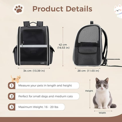 Lekereise Ventilated Cat Backpack Carrier, Pet Carrier Backpack Airline Approved for Small Dogs, 13.39" L x 11" W x 16.53" H Fit Up to 18 Lbs, Dogs Foldable Backpack Carrier for Travel, Hiking, Black