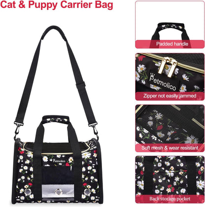 Petmolico Cat Carrier Dog Carrier, Airline Approved Soft Pet Travel Carrier with 3 Open Doors Mesh Windows for Cats Puppy 16 lbs, White Daisy