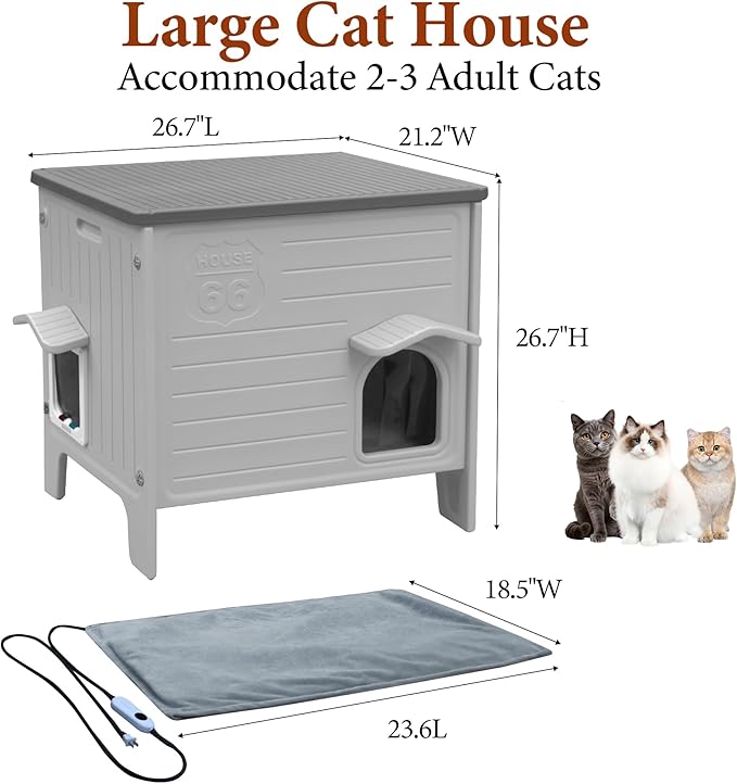 Heated Cat House for Outside Large Weatherpoof Plastic Cats Houses Outdoor with Escape Door Indoor Waterproof Feral/Pet Cat Shelter for Multiple Cats (Grey)