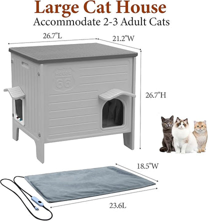 Heated Cat House for Outside Large Weatherpoof Plastic Cats Houses Outdoor with Escape Door Indoor Waterproof Feral/Pet Cat Shelter for Multiple Cats (Grey)