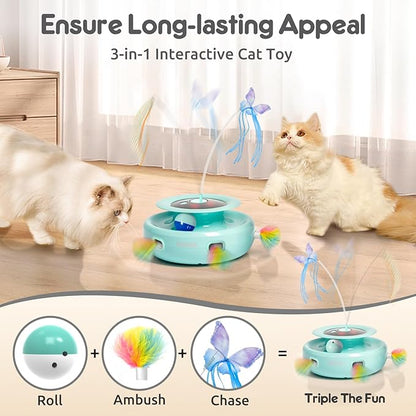 ORSDA Cat Toy, 3-in-1 Automatic Interactive Electronic Moving Ambush Feather, Fluttering Butterfly, Track Balls, USB Rechargeable Powered Smart Indoor Exercise Kicker