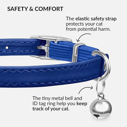 CollarDirect Leather Cat Collar with Bell - Kitten Collar, Small and Big Cat Collar for Boy Cats, Girl Cats with Safety Elastic Strap (Neck Fit 6"-7", Navy Blue)