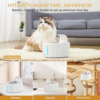 Wireless Cat Water Fountain, 118oz/3.5L Battery Operated Cat Fountain with Stainless Steel Tray, Ultra Quiet with Motion Sensor Automatic Pet Water Dispenser (White, Medium)
