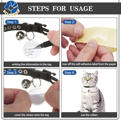 Leather Personalized Breakaway Cat Collar with Studded Bell and Safety Quick Release Buckle - Rivets Studded ID DIY Collars for Boy Girl Cats Kittens, 9" - 11.5" Black