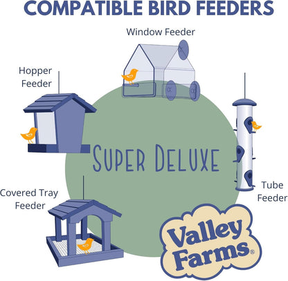 Valley Farms Super Deluxe Wild Bird Food for Outside feeders - 0% fillers - Loads of Sunflower Seed - w/Peanut kernels -Feed More Birds w/Less Seed (4 LBS)