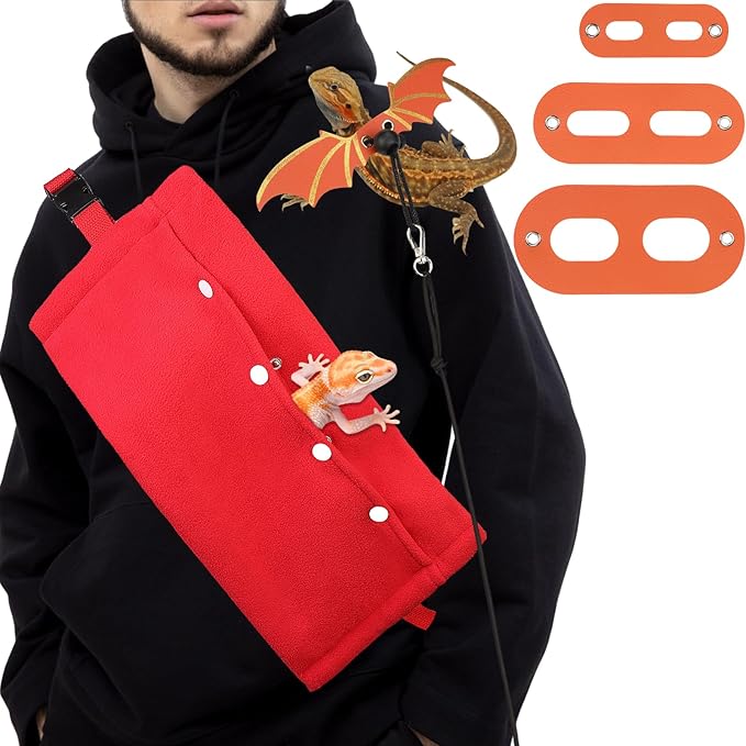 Bearded Dragon Carriers and Leather Leash with Wings,Bearded Dragon Leash Lizard Adjustable Harness,Small Pet Backpack Batwing Accessories for Outdoor Travel-Red