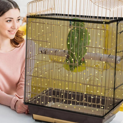 Daoeny Bird Cage Seed Catcher, Large Bird Cage Cover, Adjustable Soft Airy Nylon Mesh Net, Birdcage Cover Skirt Seed Guard for Parrot Parakeet Macaw African Round Square Cages (Black, Sequins Star)