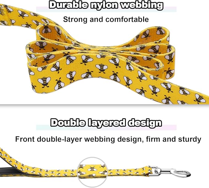 4ft Dog Leash with Two Padded Handles, Heavy Duty Strong Nylon Pet Leash with Soft Neoprene Handle for Small Medium Large Dogs, Yellow Bee