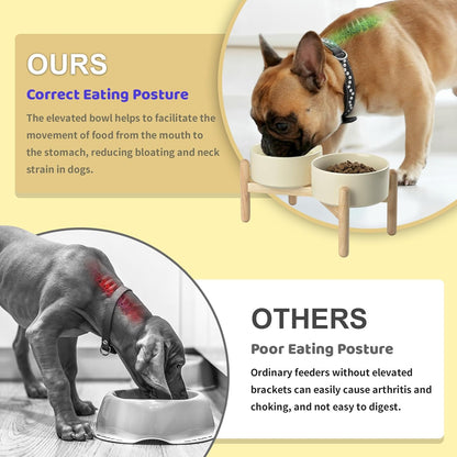 SPUNKYJUNKY Ceramics Raised Dog Bowl with Wooden Stand - Double 28.7OZ Cream White Bowls for Small Medium Dogs