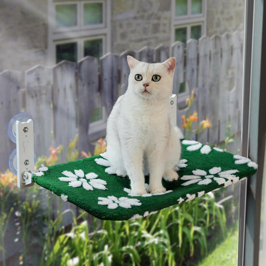 Cat Window Perch, Foldable Cat Window Hammock with Cute 3D Textured Flower Cover and Strong Suction Cups, Cordless Window Seat Bed for Indoor Cats (Green Flower, Large)