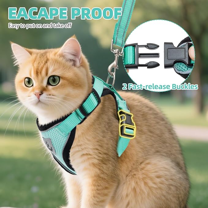 PUPTECK Cat Harness and Leash Set Escape Proof Reflective Cat Walking Harness Adjustable Soft Breathable Mesh Vest for Small Pets, Aquamarine, M