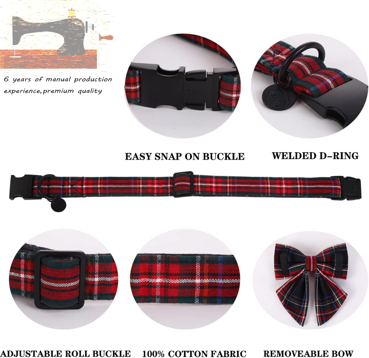 DOGWONG Cotton Dog Collar with Bowtie, Stylish Christmas Dog Bow Red Plaid Dog Collar Adjustable Puppy Necklace for Small and Medium Dogs
