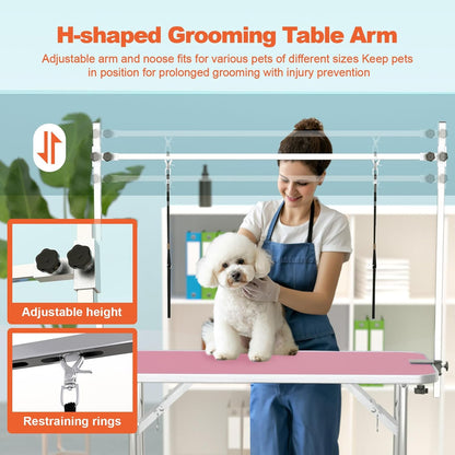 46'' Dog Grooming Table for Large Dogs, Foldable Professional Grooming Table for Dogs at Home with Double Loops/Mesh Tray/Adjustable Arm, Capacity up to 330lbs, Pink