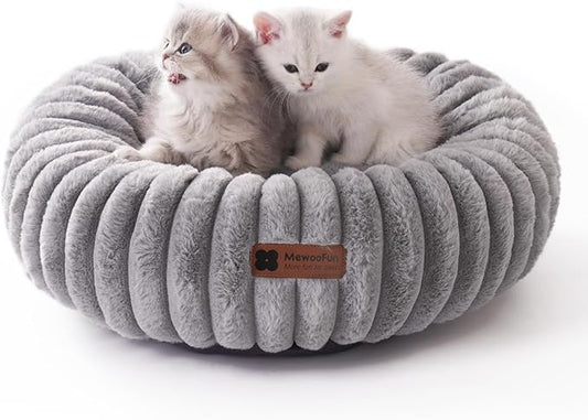 MEWOOFUN Cat Bed, Washable Beds for Indoor Cats, Cute Donut Bed Fluffy Pet Bed with Non-Slip Bottom, Calming Round Bed for Puppy and Kitten (Grey)