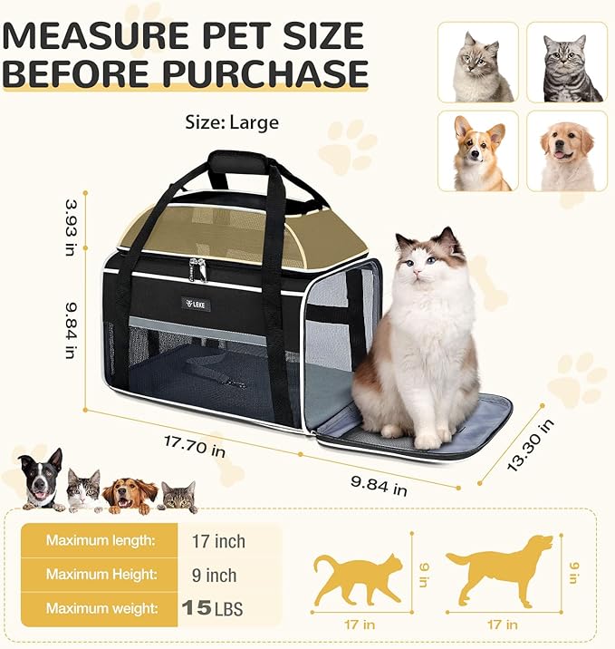 Lekereise Top-Expandable Pet Carrier - TSA Airline Approved Soft Sided Underseat Up to 15lbs Travel Carriers for Small Cats and Dogs with Locking Safety Zippers Anti-Scratch Mesh Black Large