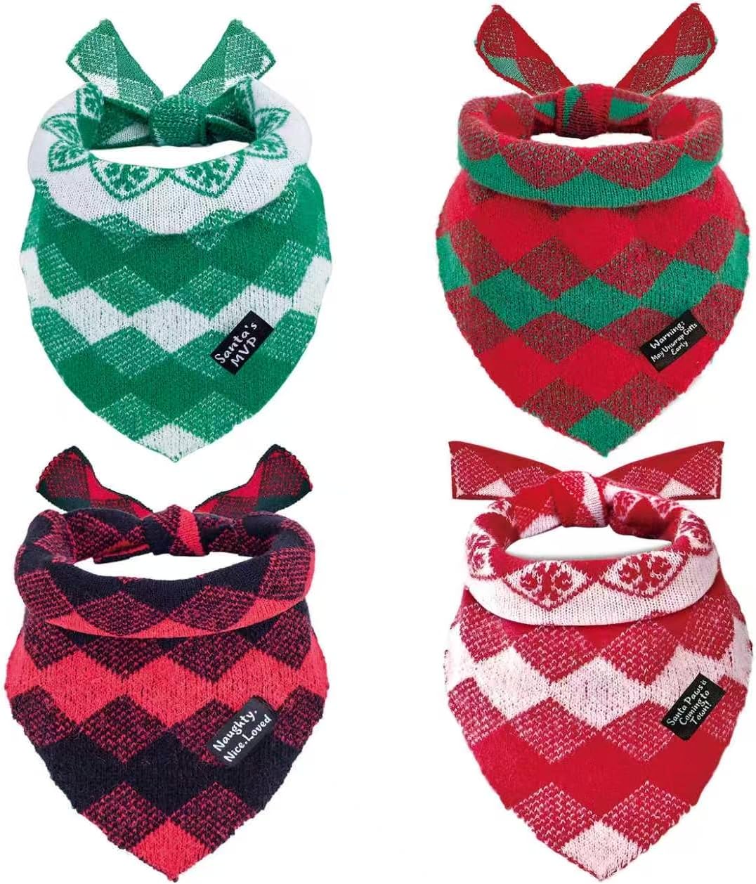 4-Pack Knitted Christmas Dog Bandanas with Slogans - Soft Warm Bandana for Small Medium, Cute Winter Dogs Accessories Boy & Girl Pets, Dog Gifts for Large Dogs, Scarf for Birthday Holiday