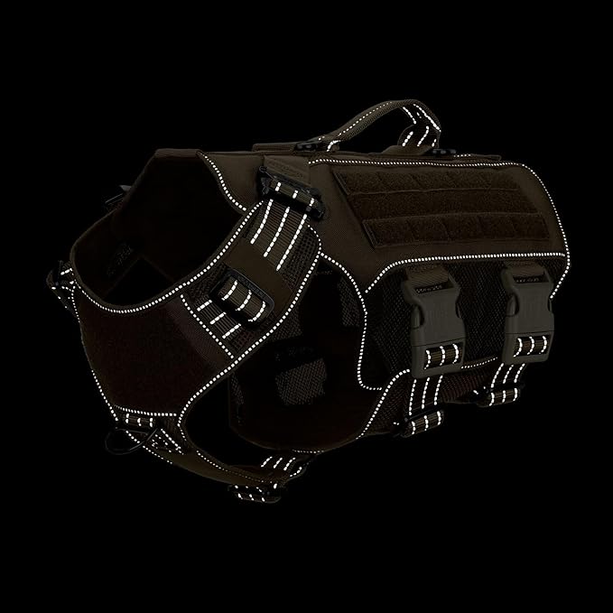 ICEFANG Tactical Mesh Dog Harness for Large Dogs,Reflective Dog Molle Vest with Metal Buckles,Hook and Loop Panels,No Pulling Front Clip for Walking Hiking Training (Large (Pack of 1), Brown)