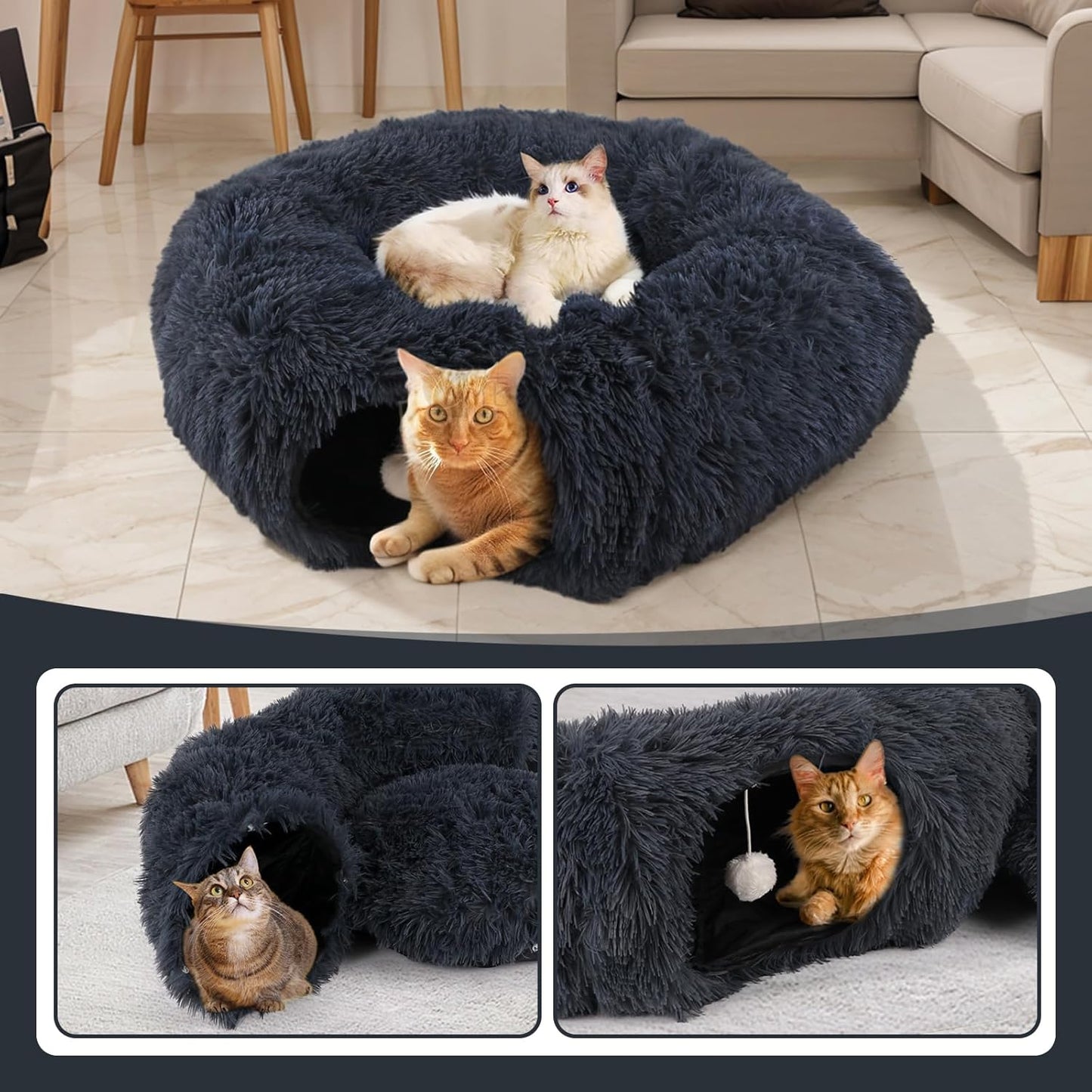 Cute Donut Cat Tunnel, Large Foldable Fluffy Tunnel with Washable Pads and Toy Balls for Indoor Cats