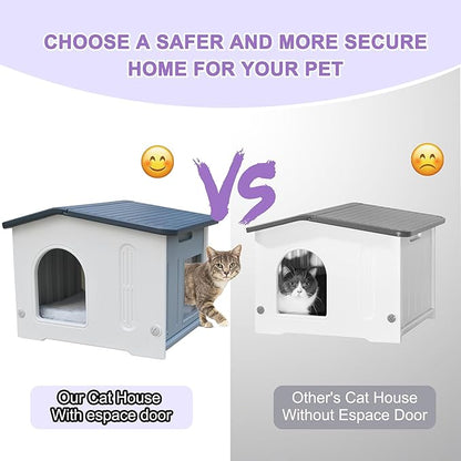Plastic Cat House Weatherproof for Outdoor Indoor Use, Feral Cat House with Escape Door and Soft Mat, Outside Cat Shelter for Small Pet, Spacious, Assemble Easily - Grey