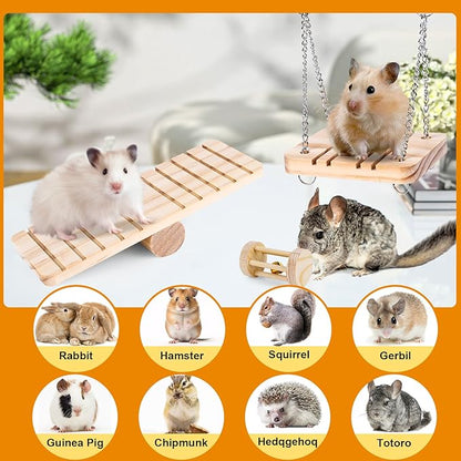 VESPRO Hamster Toys Set, Guinea Pig Toys Small Animal Chewing Toy and Rat Cage Accessories, Chinchillas, Gerbils, Rats, Rabbit Rodents Teeth Care, Apple Wood Timothy Hay Mouse Toy Swing Seesaw Bridge