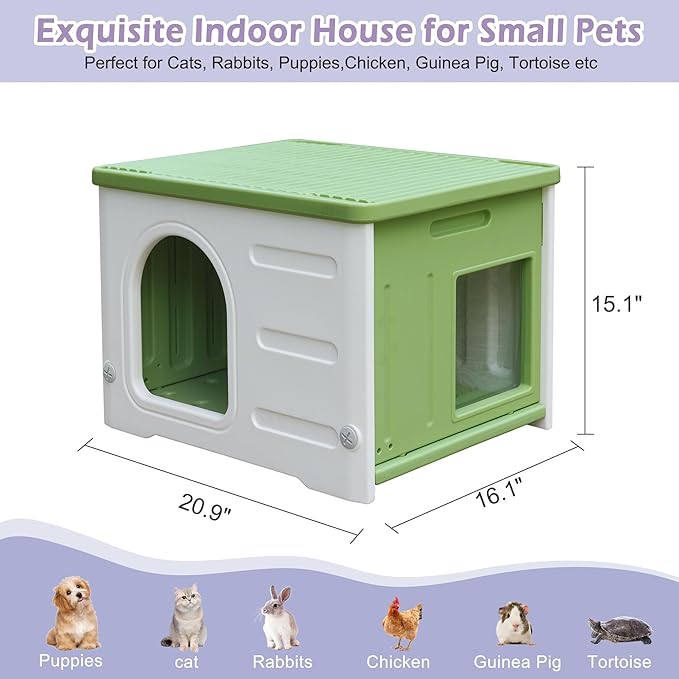 Waterproof Cat House for Outdoor Cats, Plastic Feral Cat House with Escape Door and Soft Mat, Large Indoor Cat House for Mutiple Cats - Green