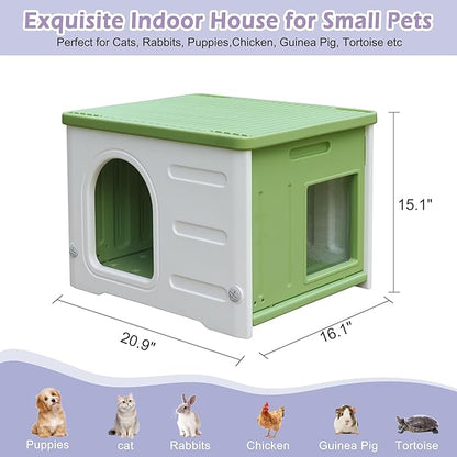 Waterproof Cat House for Outdoor Cats, Plastic Feral Cat House with Escape Door and Soft Mat, Large Indoor Cat House for Mutiple Cats - Green