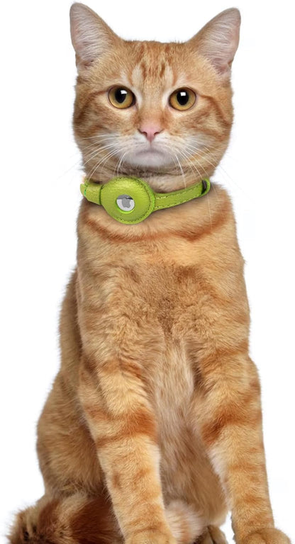 OOPSDOGGY Leather AirTag Cat Collar with Bell - Non Breakaway Kitten Collar with Apple Air Tag Holder - Lightweight GPS Pet Collars for Girl Boy Cats, Small Dogs, Puppies (Lime Green)