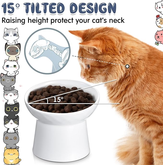 Tanlade 4 Pcs Ceramic Raised Cat Bowls, Elevated Tilted Cat Bowl, Stress Free, Backflow Prevention, Dishwasher and Microwave Safe for Indoor Kitten, Puppies(White)