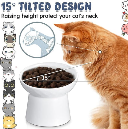 Tanlade 4 Pcs Ceramic Raised Cat Bowls, Elevated Tilted Cat Bowl, Stress Free, Backflow Prevention, Dishwasher and Microwave Safe for Indoor Kitten, Puppies(White)