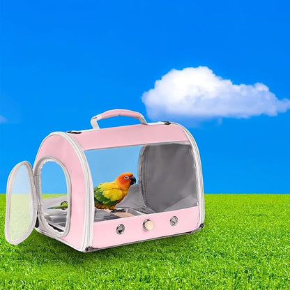 Long Tail Bird Travel Carrier Cage with Tray and Stand Perch, Portable Lightweight Clear Windows Carry Bag for Parakeet Budgies Cockatiel Transport to Vet (Pink, Cylinder Design - Clear)