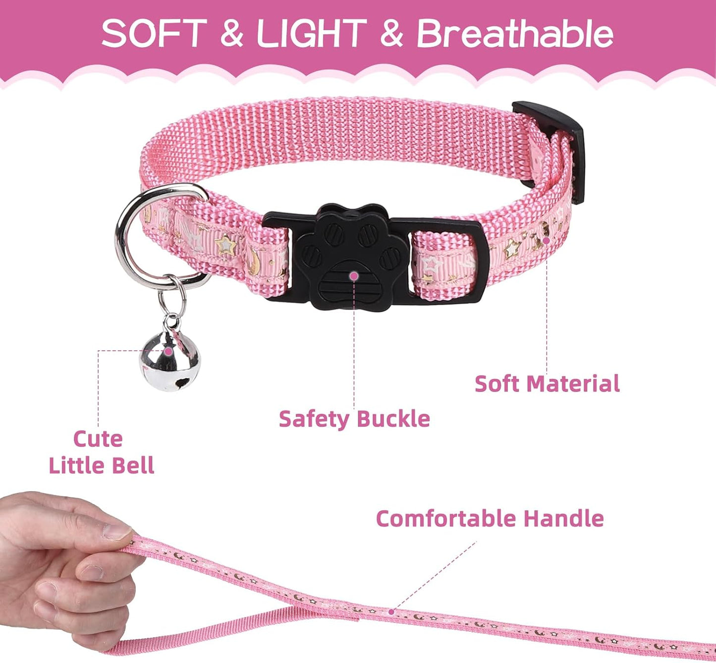 PAWCHIE Cat Harness with Leash and Collar Set - Escape Proof Adjustable H-shped Cat Harness with Star and Moon Pattern Glow in The Dark for Kitty Outdoor Walking, Pink M