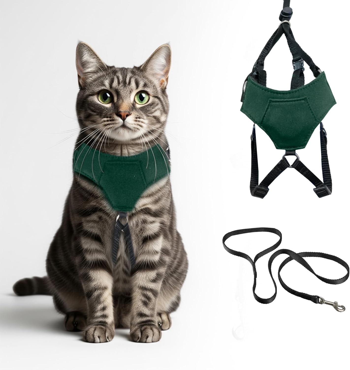 A1HC Escape Proof Cat Harness and Leash - Soft Adjustable Vest, Comfortable Mesh and Long Strips with Air Tag Pocket, Easy Control, Safe Walking Harness for Cats & Kittens - Dark Green (Large)