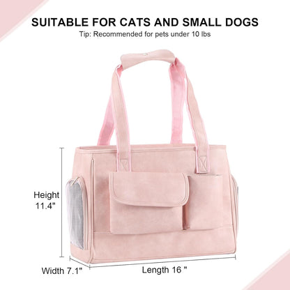Dog Carrier Purse, Fashion Leather Pet Carrier Bag, Airline Approved Soft Sided Cat Travel Tote Bag with Pockets Pink