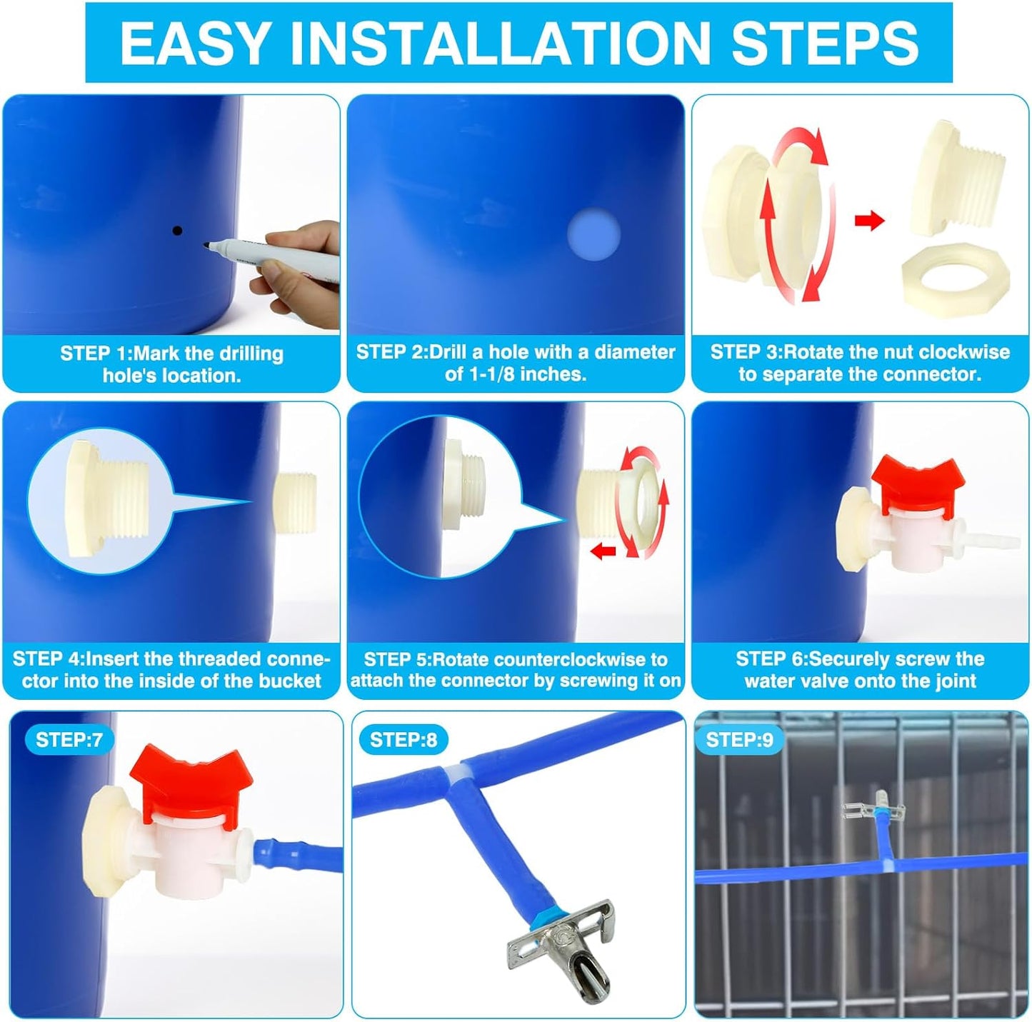 Automatic Rabbit Watering System,Quail Rabbit Water Bottle Dispenser 8 Nipples Drinker,ID 5/16" Hose 19.68 Feets,Barb Fittings to G1/2" Thread,T-Fittings,Springs,Gaskets,Bucket Connector