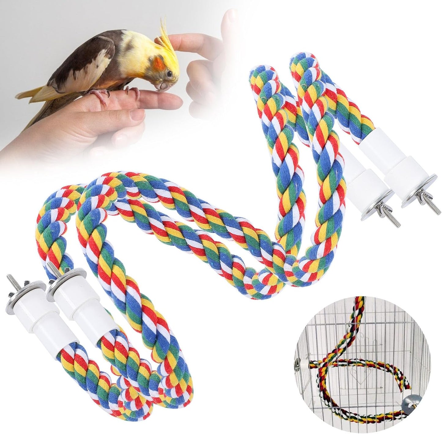 2PCS 60cm/23.6in Bird Rope Perch, 1.8cm Soft Cotton Parakeet Perches, Colorful Bird Cage Accessories with Fixing Screws for Birds to Chew and Stand On