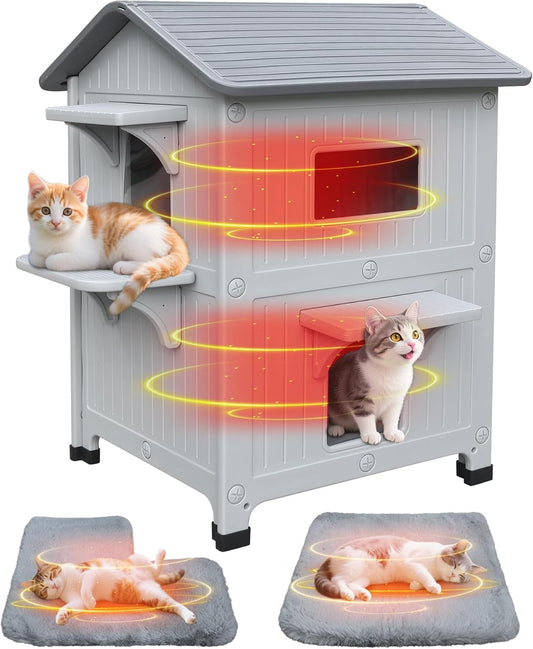 Plastic 2 Story Outdoor Cat House with Soft Mat,Insulated Cat House for Outdoor Cats with Escape Door, Waterproof Outside Cat Shelter, Clean and Assemble Easily