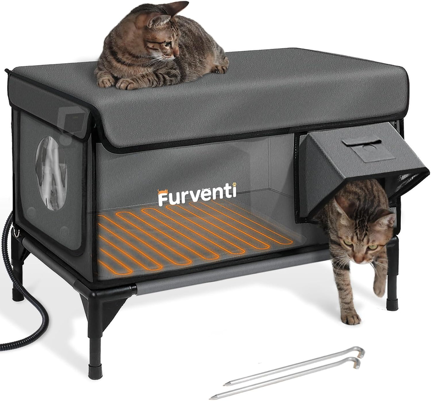 Outdoor Heated Cat House in Winter,Extremely Insulated & Weatherproof,Elevated Feral Cat Shelter with Waterproof Eaves & Escape Door for Outside Stray Barn Cat (Dark Grey, L with Cam)