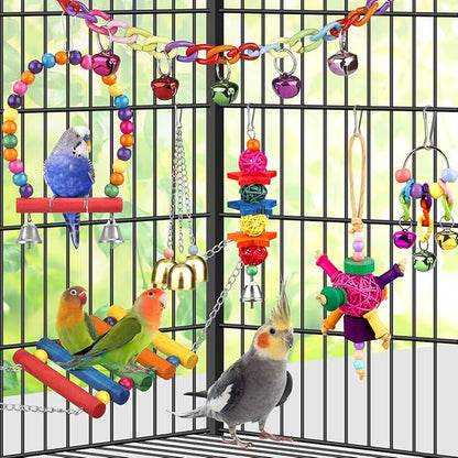 Bird Toys for Conures with Colorful Ladder Hammock Bird Cage Accerious Bird Perch Stand Chewing Toys Hanging Bell for Parrot Parakeet Cockatiel Lovebirds