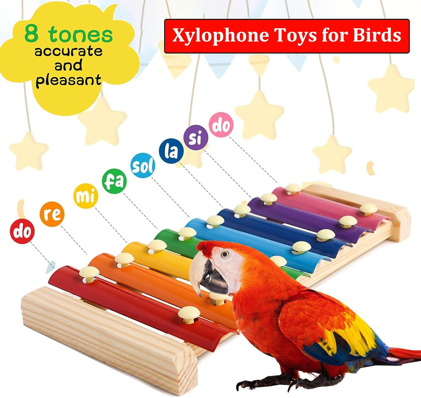 Large Parrot Suspensible Xylophone Toy, Multicolored Natural Wooden Bird Chewing Toys with Grinding Stone for Large, Medium Birds, Macaws, African Grey, Cockatoos, Amazon