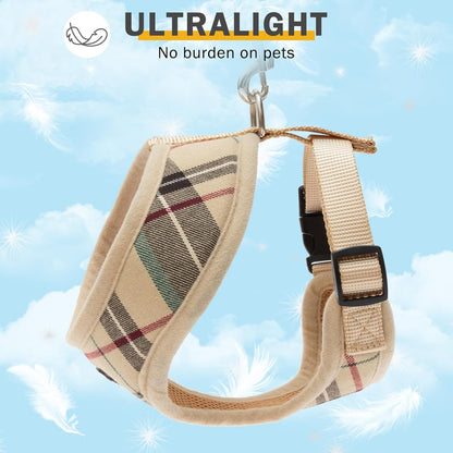 SCENEREAL Puppy Dog Harness with Leash Set for Small Medium Sized Dogs, Soft Mesh Step in Pet Harnesses and Leash, No Chock Plaid Adjustable No Pull Vest for Dogs Cats, Chihuahua,Bulldog (Beige M)