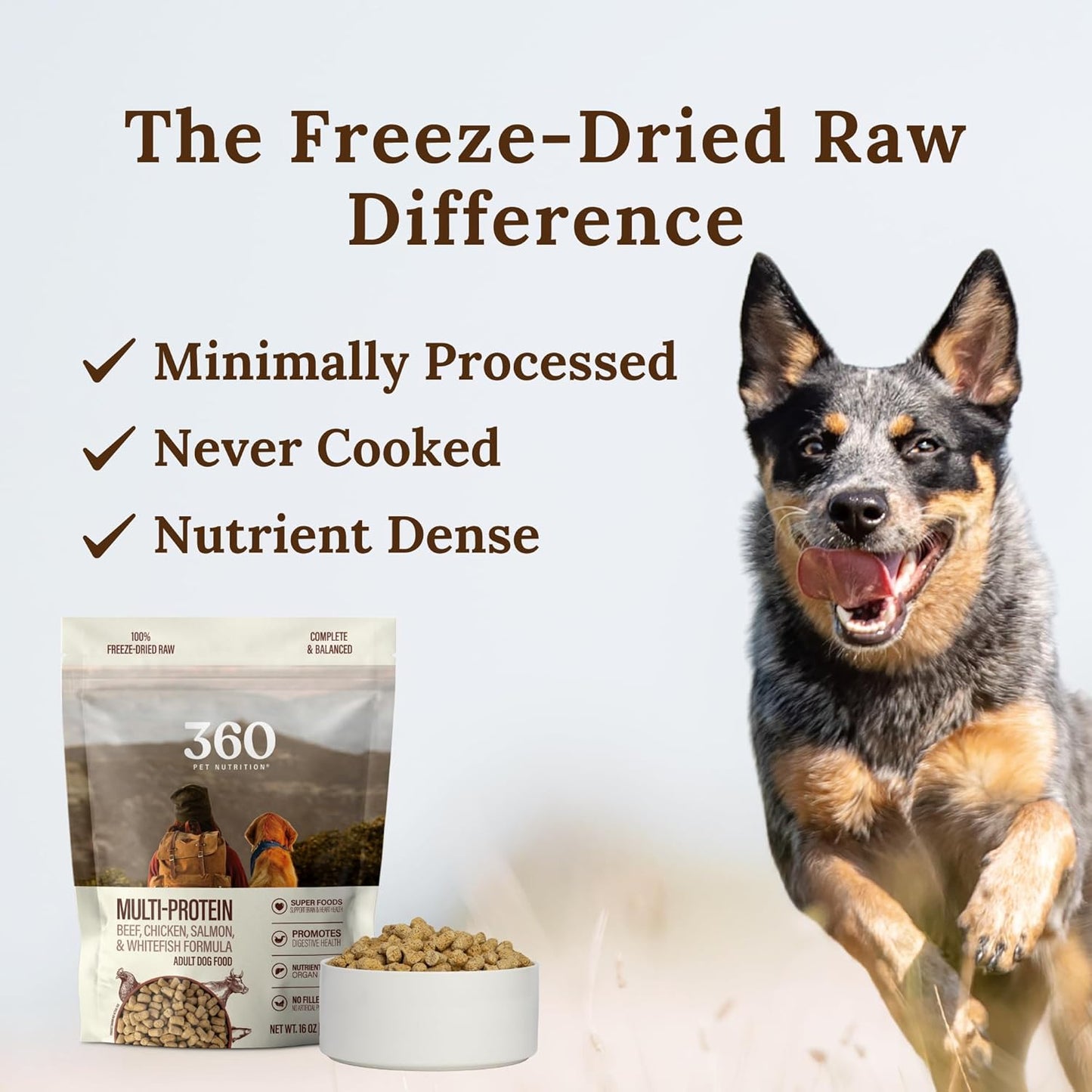 360 Pet Nutrition Freeze-Dried Raw Dog Food – Multi-Protein with Beef, Chicken, Fish, Liver & Organs, High Protein, Omega-3s, Fruits, Veggies & Superfoods, Grain-Free, No Fillers, 5 oz – Made in USA
