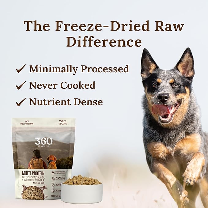 360 Pet Nutrition Freeze-Dried Raw Dog Food – Multi-Protein with Beef, Chicken, Fish, Liver & Organs, High Protein, Omega-3s, Fruits, Veggies & Superfoods, Grain-Free, No Fillers, 1 lb – Made in USA