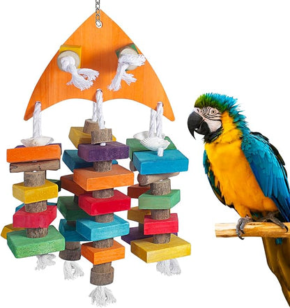22.8" Natural Shell Parrot Toy for Medium & Large Birds (Sichuan Pepper Wood/Pine Wood/Poplar) with Stainless Steel Hook | Macaw Toys, African Grey Chew Toys
